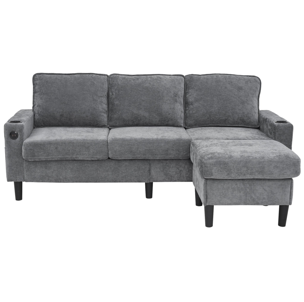 Divano angolare ULEVR 202x137 cm con pouf modulabile, 2 USB, Type-C e portabicchieri, grigio in lino