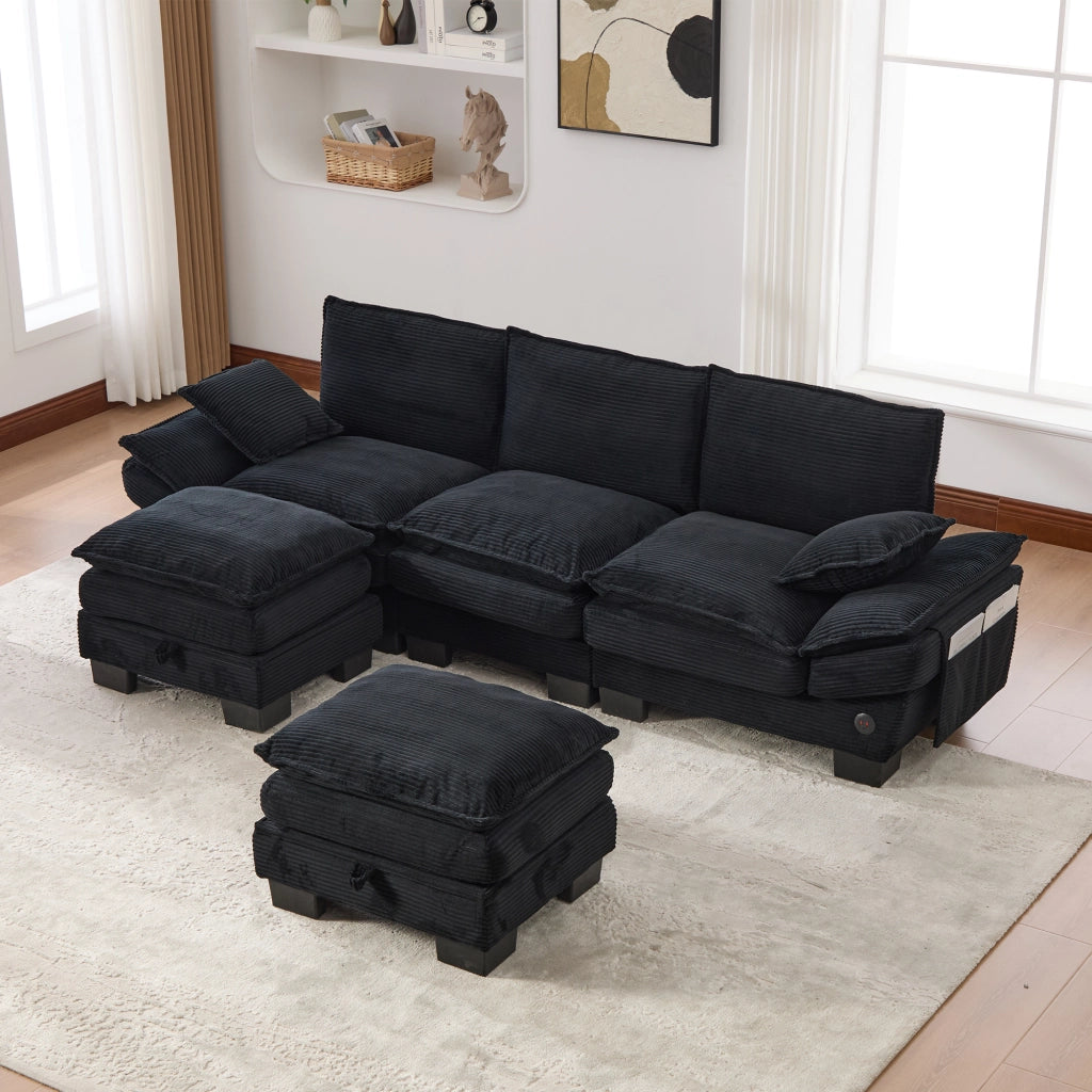 Divano modulare 3 posti con USB tipo C e 2 pouf contenitore in velluto a coste nero