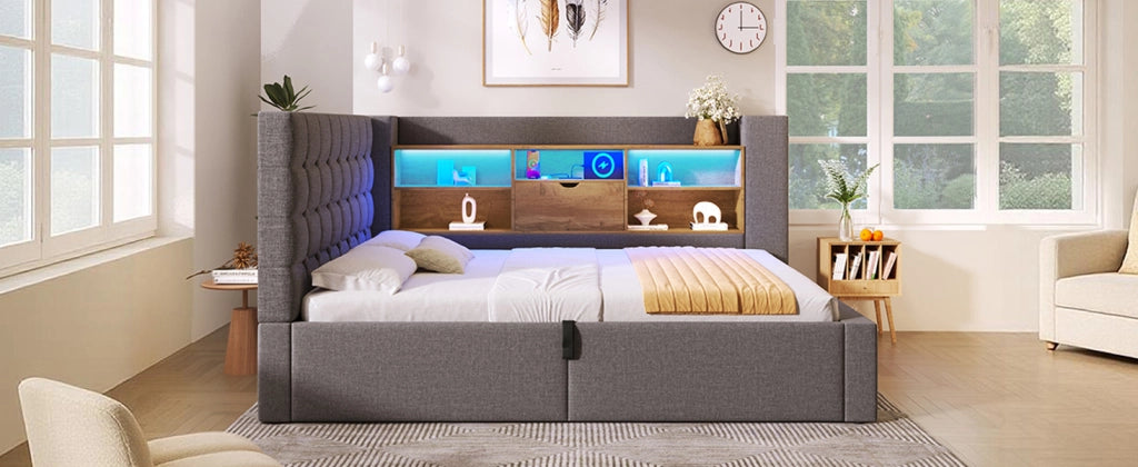 DESMIU Lit singolo 90 × 190 cm con LED, USB e Type-C, contenitore idraulico, senza materasso, grigio