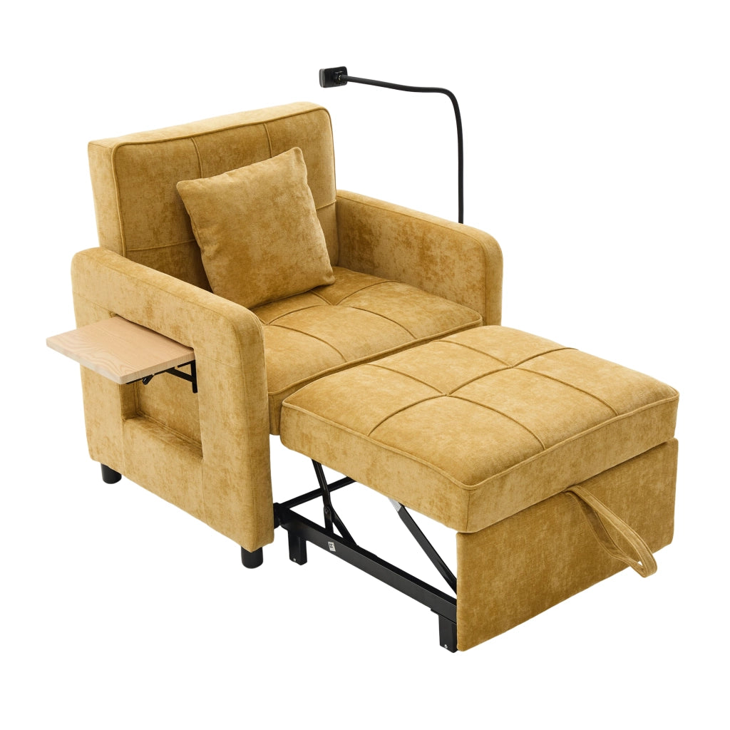 Poltrona letto convertibile in chenille con schienale reclinabile a 5 posizioni tasche laterali vassoio giallo senape