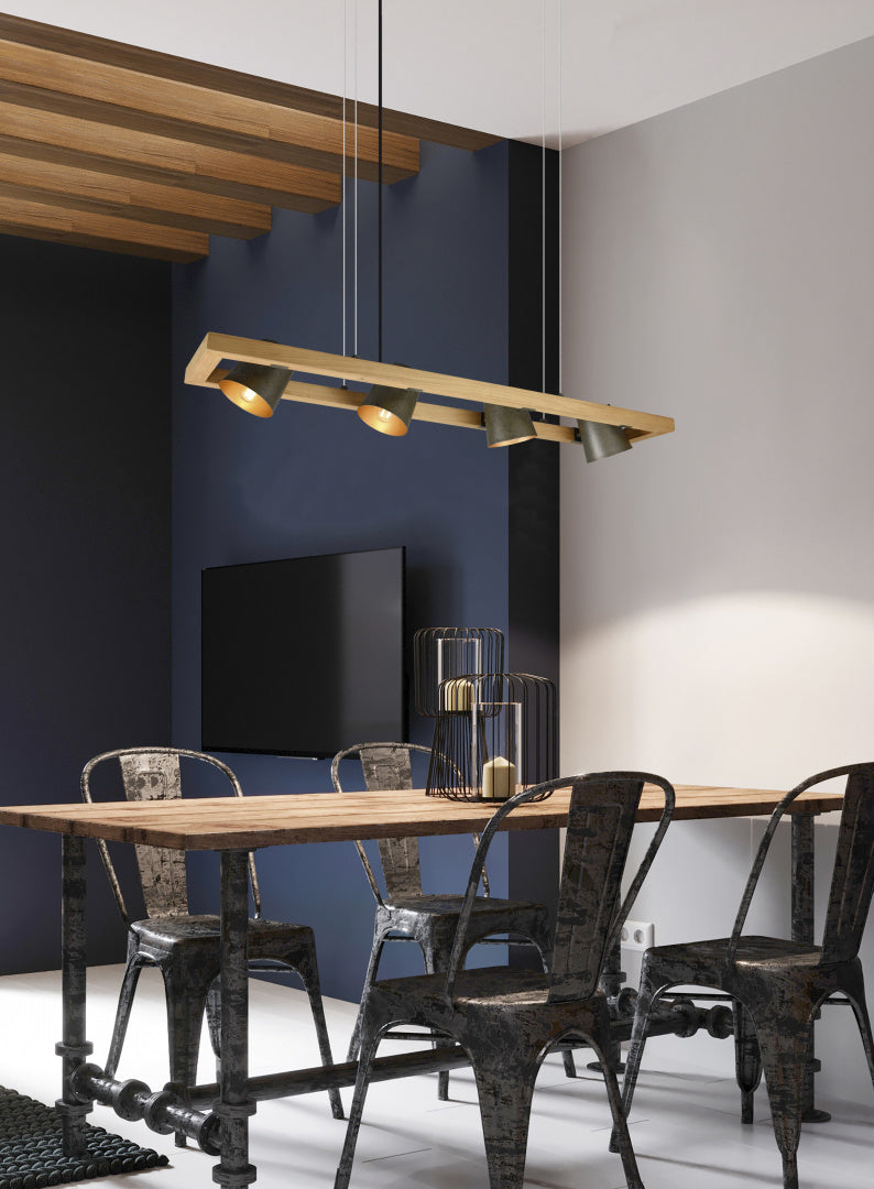 Lampada a sospensione 4 faretti, acciaio anticato e oro, L 100 cm, Bell