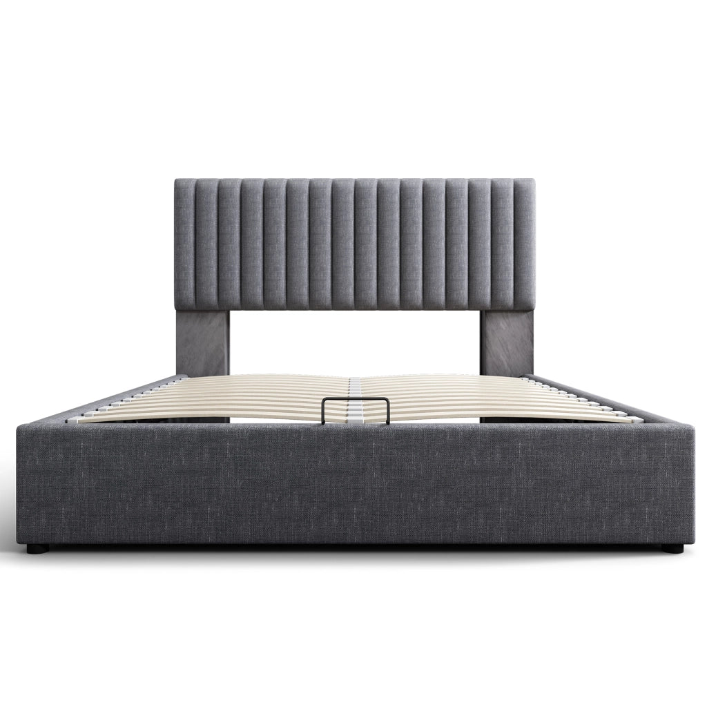 Letto matrimoniale imbottito 140x200 cm con contenitore, LED App-Control, USB e Type-C, grigio, con materasso