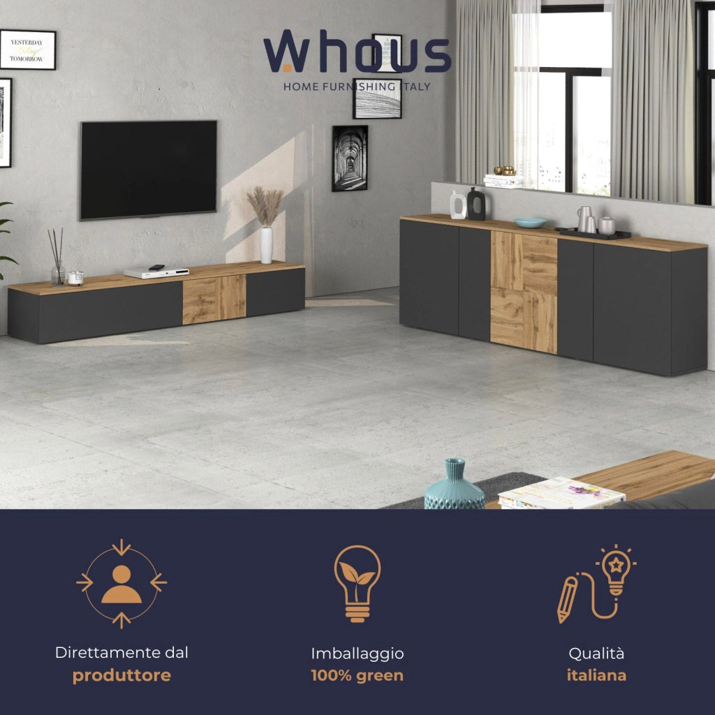 WHOUS Credenza sospesa Iseo con 5 ante e 10 scomparti interni antracite opaco e rovere 200x35x70 cm
