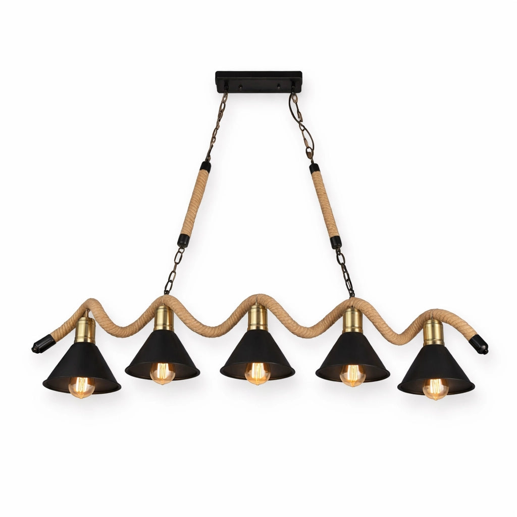 Lampadario a Sospensione 5 Luci Stile Industriale con Corda in Canapa, Attacco E27 (lampadine non incluse), Paralumi Metallo Nero e Ottone, Lampadario Rustico per Cucina Sala da Pranzo Pub