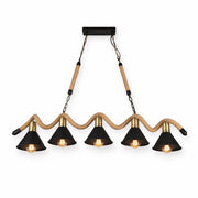 Lampadario a Sospensione 5 Luci Stile Industriale con Corda in Canapa, Attacco E27 (lampadine non incluse), Paralumi Metallo Nero e Ottone, Lampadario Rustico per Cucina Sala da Pranzo Pub