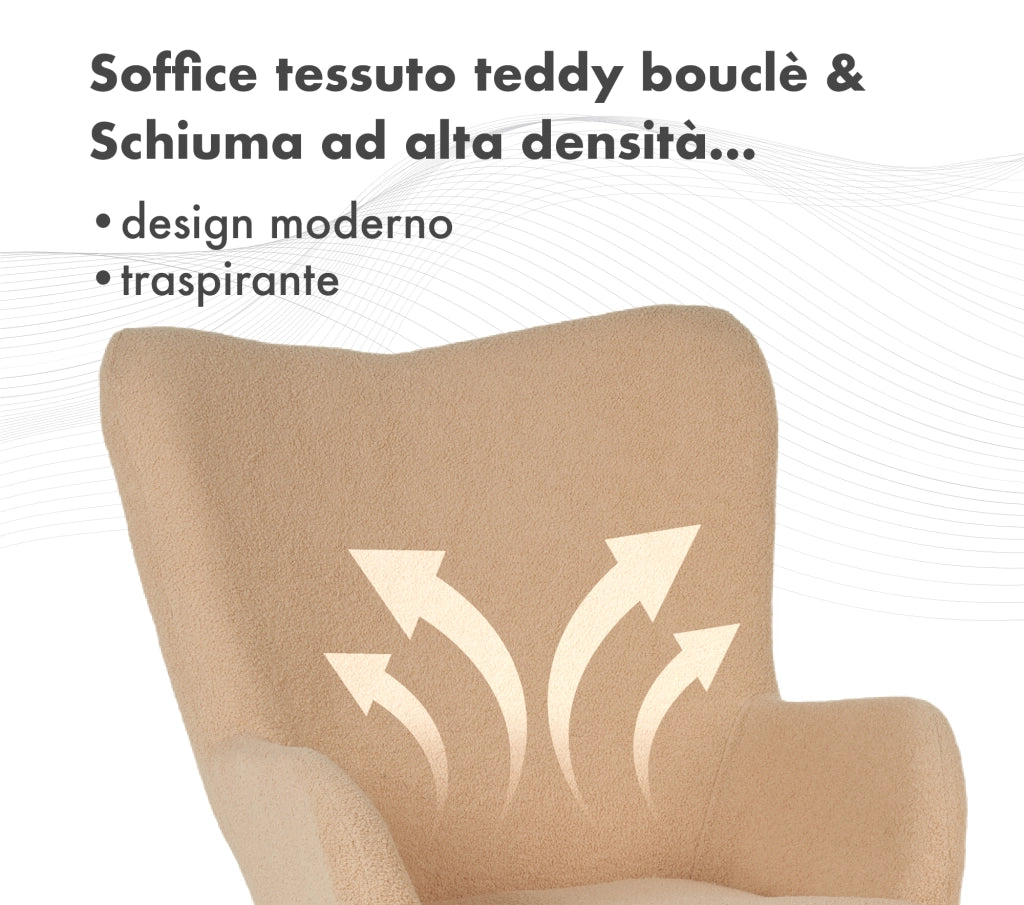 Poltrona Imbottita Ergonomica Con Schienale E Braccioli Con Poggiapiedi Contenitore Camera Da Letto Salotto Moderna Pouf Sedia Effetto Teddy Morbida - Biscotto