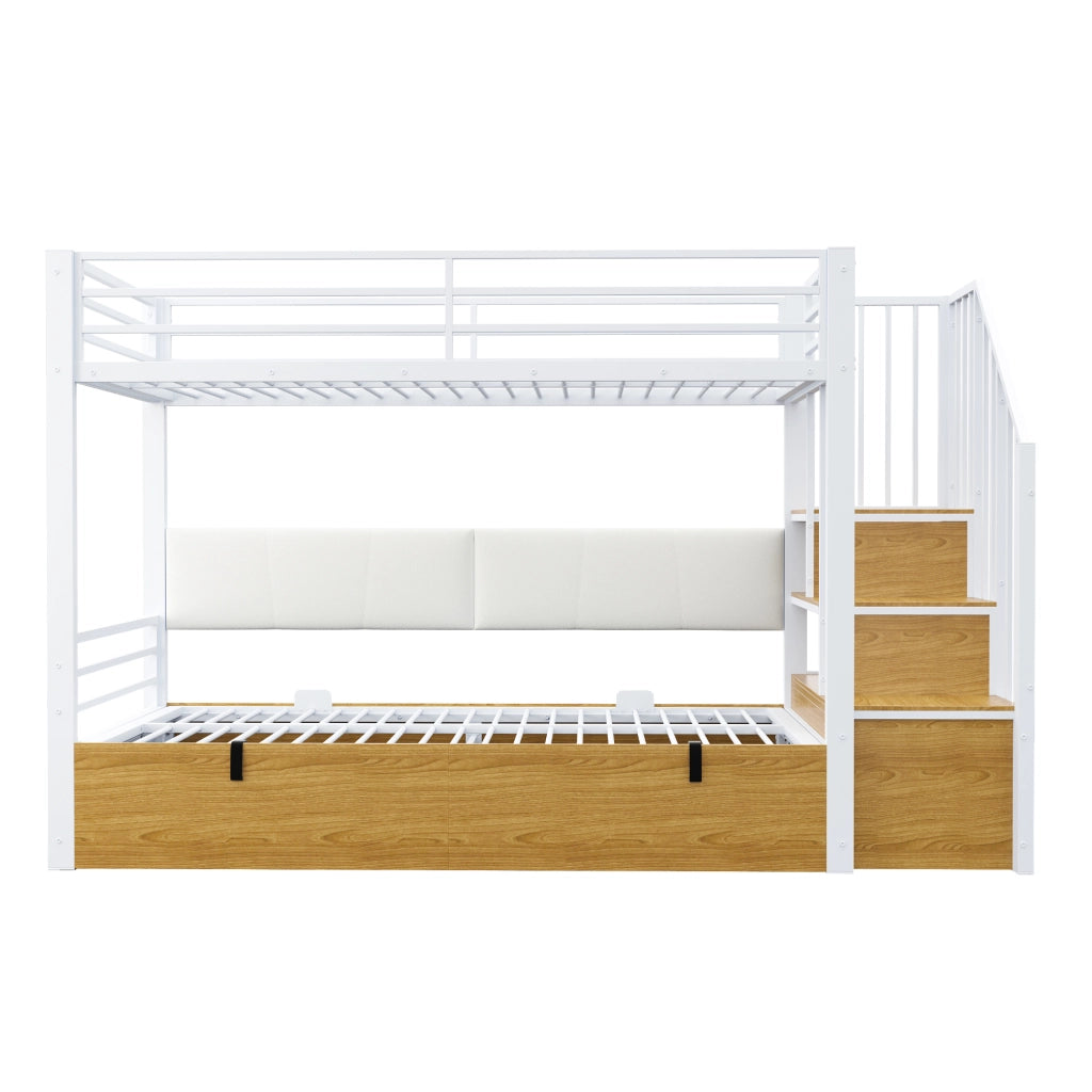 Letto a castello 90 × 200 cm con scala contenitore, vano con sollevamento idraulico, senza materasso, bianco