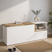 Mobile da Aska, Made in Italy, Scarpiera con ripiano, Panca a 2 ante, cm 120x40h54, Bianco lucido e Acero