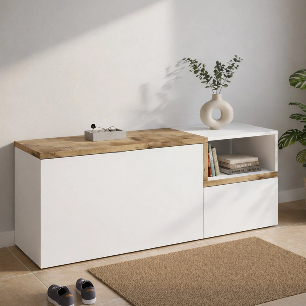 Mobile da Aska, Made in Italy, Scarpiera con ripiano, Panca a 2 ante, cm 120x40h54, Bianco lucido e Acero