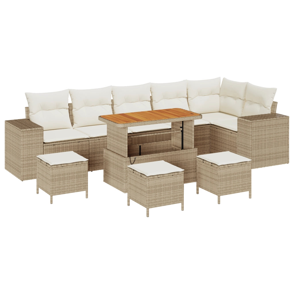 Set Divano Giardino 10 Pezzi con Cuscini Beige Polirattan Acacia