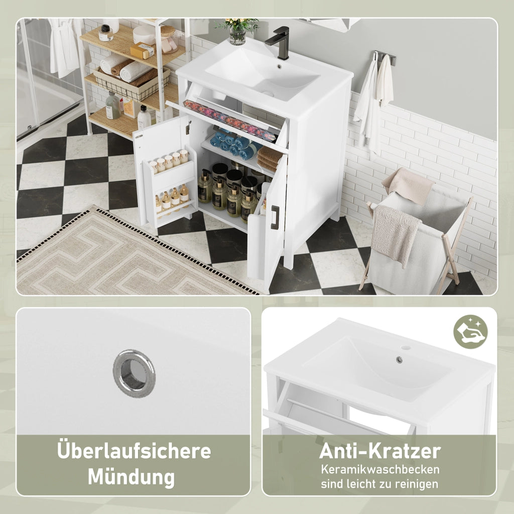 Mobile sottolavabo con lavello in ceramica, 2 ante, cassetto reversibile, ripiani regolabili, bianco 60 × 46 × 84,8 cm