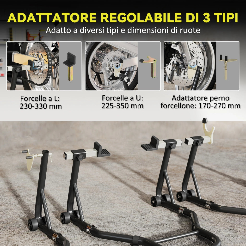 Set 2 Cavalletti Alzamoto Regolabili a Triangolo con Rotelle e Forcelle a U e L in Acciaio Nero