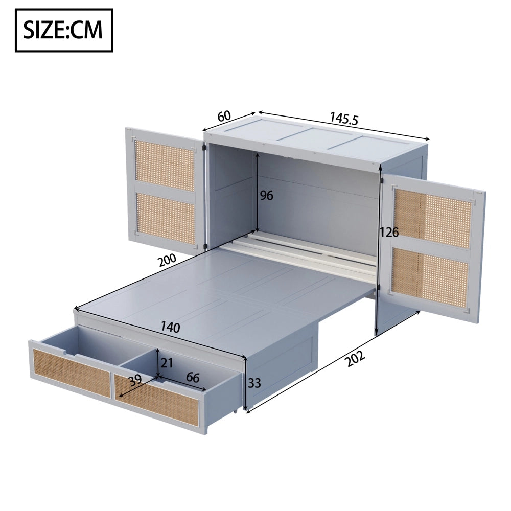 Letto a muro-Xylo-140x200 cm-contenitore, doghe, cassetti, design rotin, grigio