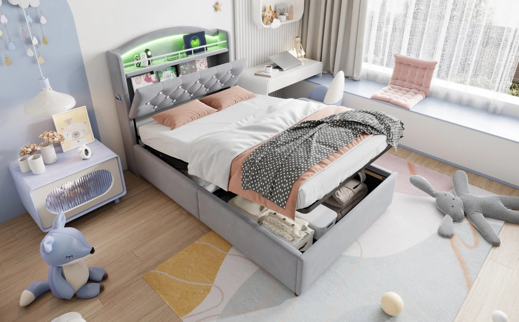 Letto Singolo Imbottito per Bambini 90x200 cm con Contenitore, LED e USB, Grigio