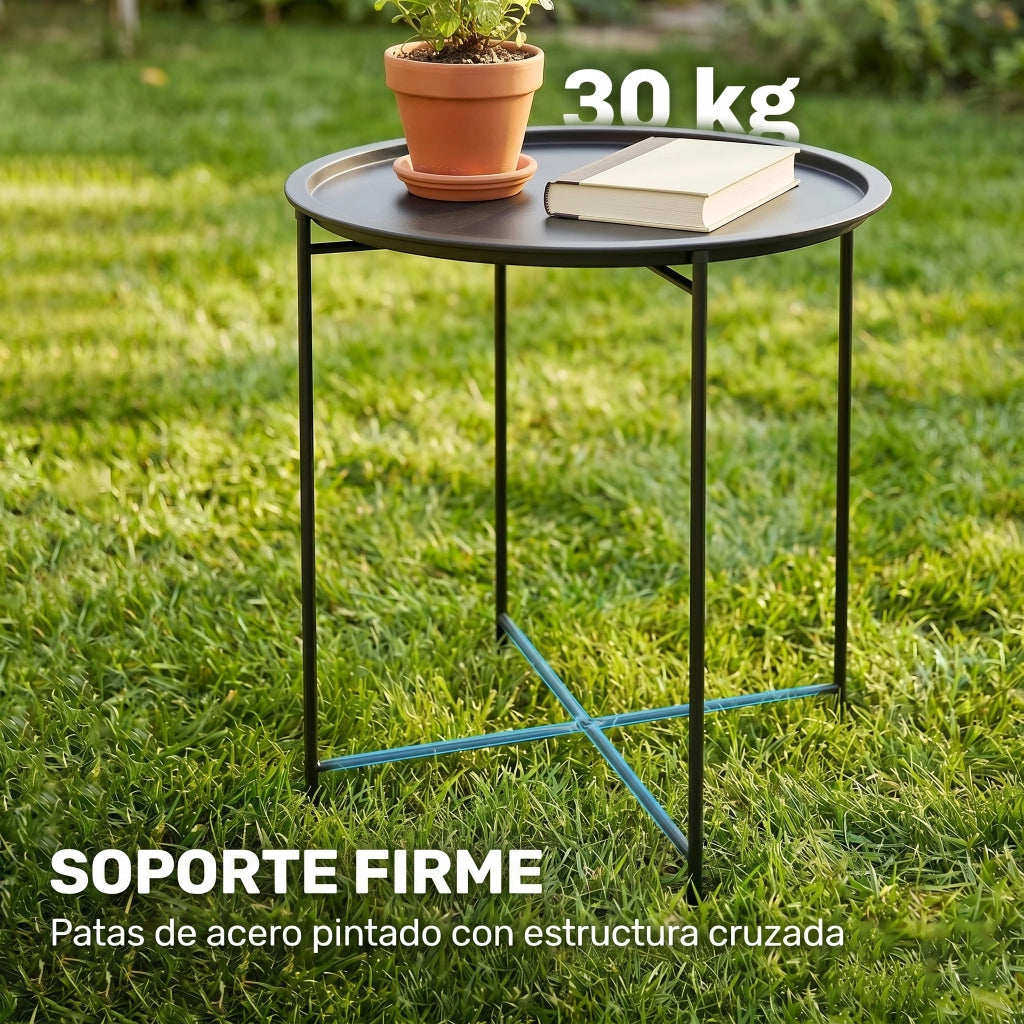 Tavolo da Giardino Rotondo con Vassoio Estraibile e Gambe Regolabili ¨C zephmum ¨C Nero Acciaio ?46x50 cm
