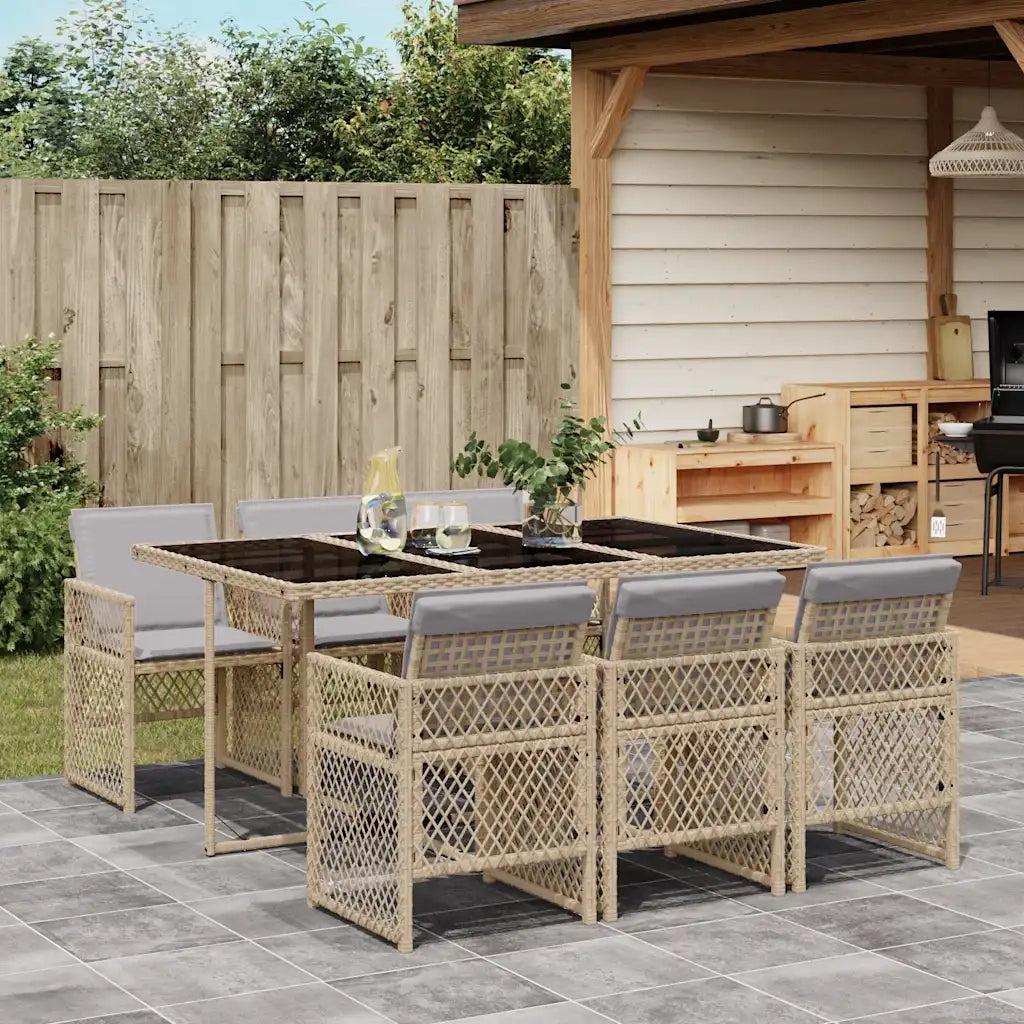 Set da Pranzo da Giardino 7 pz con Cuscini Beige in Polyrattan