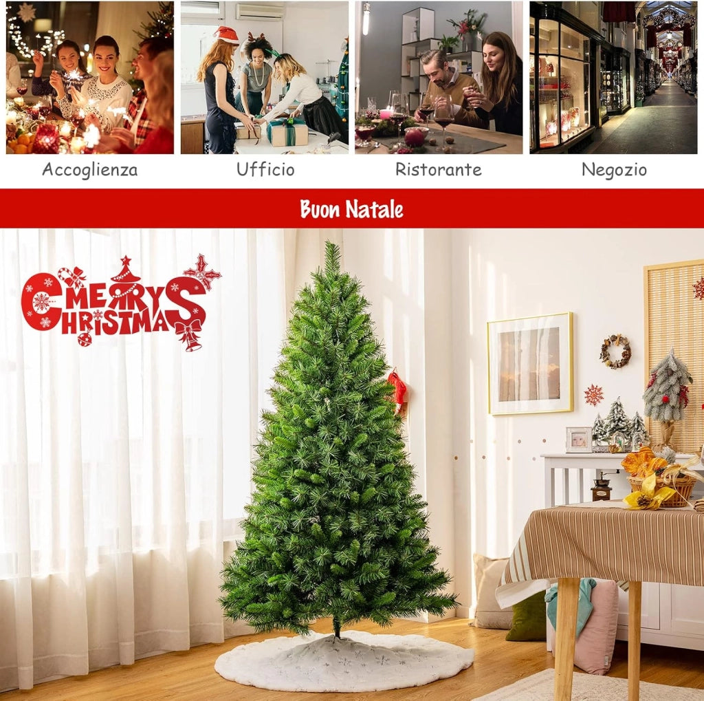 Albero di Natale Artificiale 180 cm, con 645 Rami, Base Pieghevole di Metallo, Verde, per Uso Domestico e Commerciale