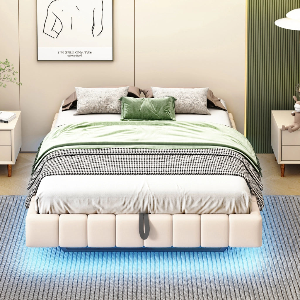 Letto matrimoniale imbottito flottante 140x200 cm con contenitore; LED; beige