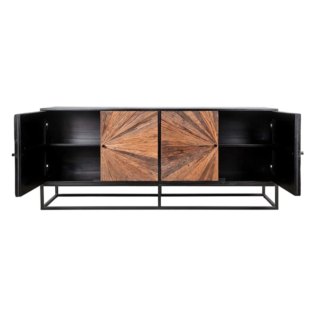 Buffet RAOKA 180 cm in legno massiccio di mango e teak – Motivo solare scolpito