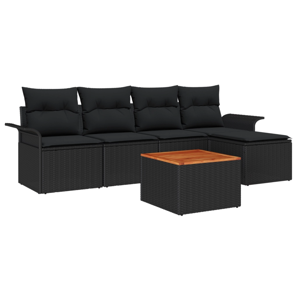Set di divani da giardino 6 pezzi con cuscini in polirattan nero e acacia