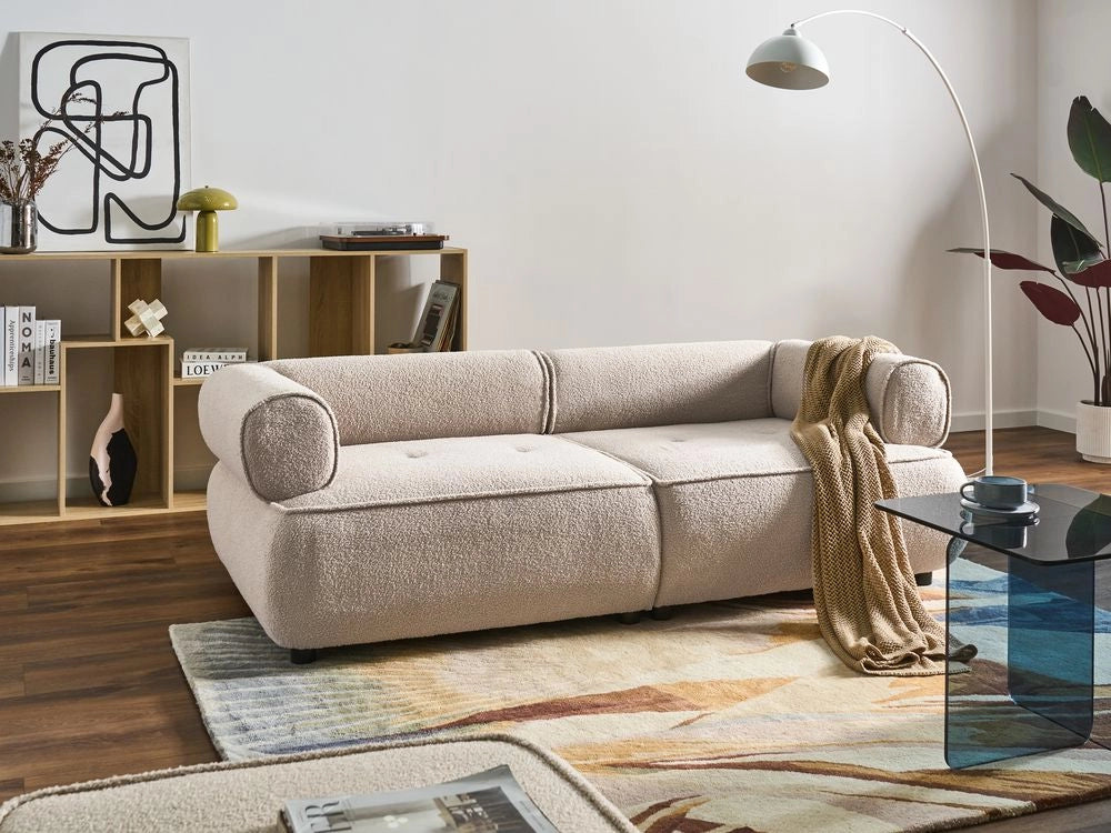 Divano a 3 posti beige in bouclé con braccioli arrotondati rivestimento di alta qualità seduta trapuntata stile moderno di metà secolo decorativo per soggiorno