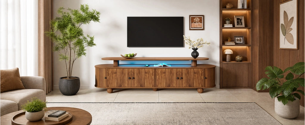 Mobile porta TV ovale con 4 ante centrali e 2 ante scorrevoli laterali con LED per soggiorno in MDF noce 180 × 40 × 48 cm