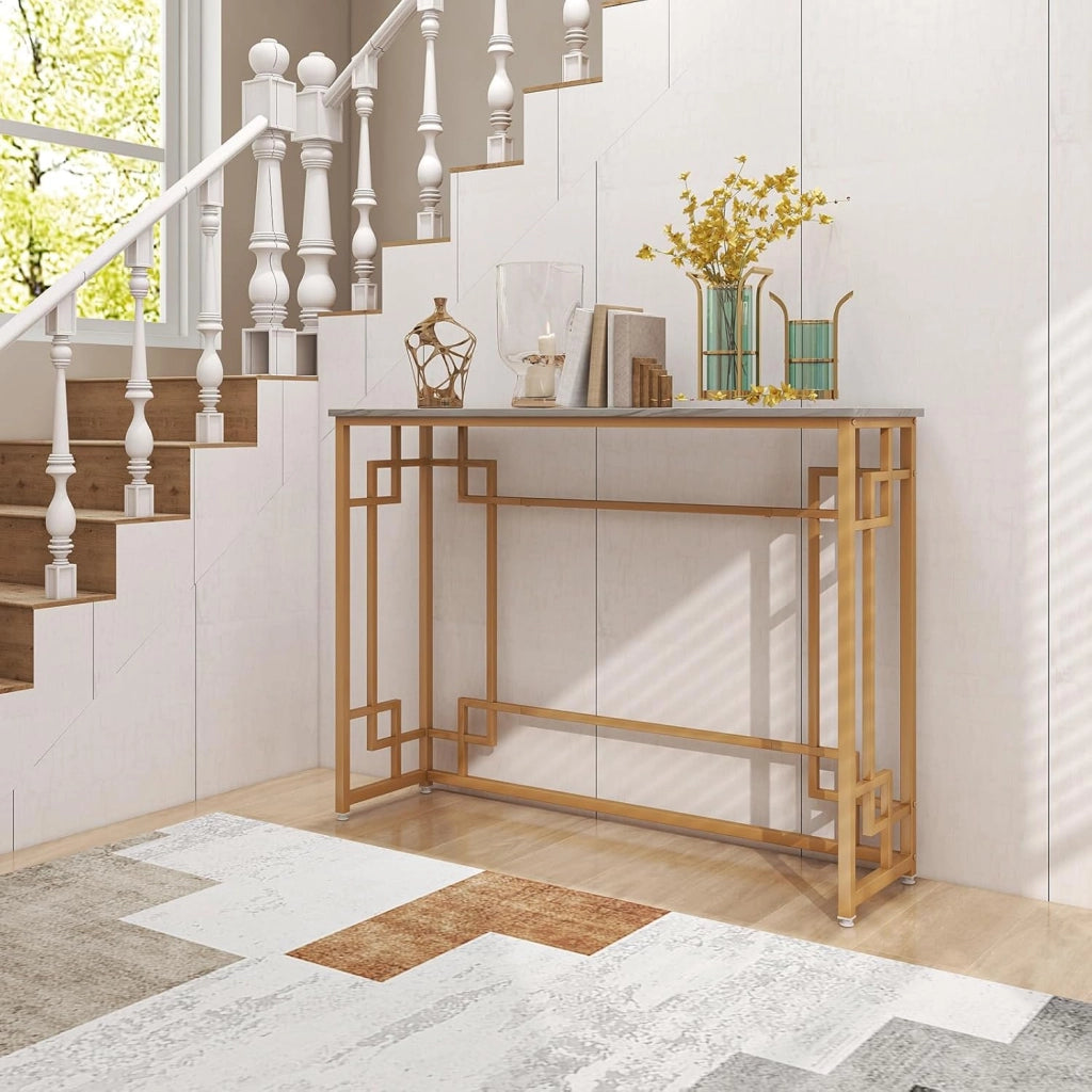 Tavolo Consolle Stretto di Ingresso Moderno con Base Dorata e Piano in Marmo Imitazione con Dispositivo Antiribaltamento per Soggiorno, Ingresso, Corridoio, Bianco e Oro, 110 x 30 x 81 cm