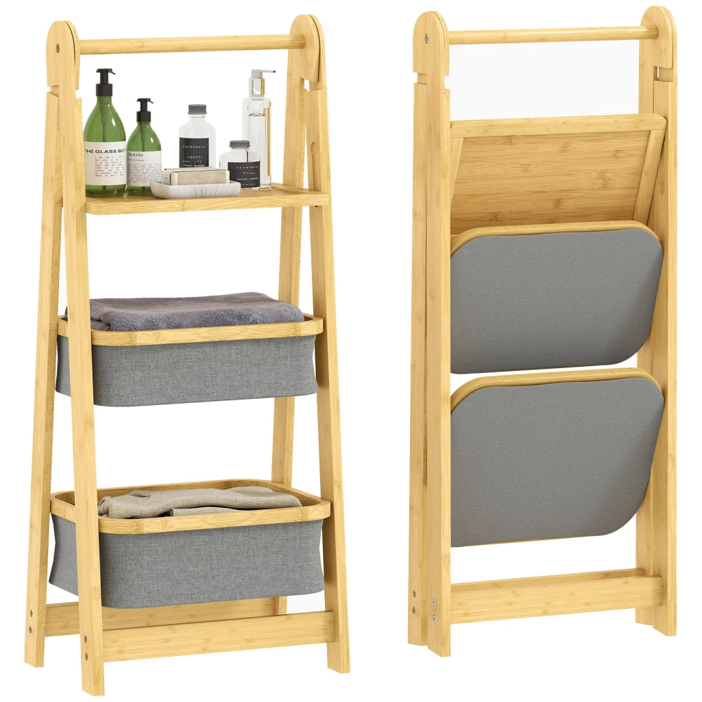 Ripiano Pieghevole per Bagno in Bamb¨´ con 2 Cestini per Biancheria ¨C zephmum ¨C Grigio 40x30x40 cm