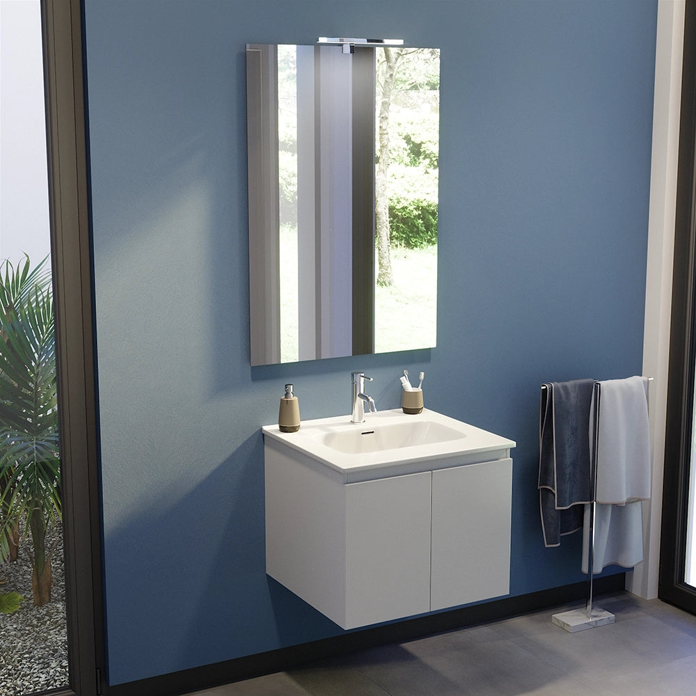 Mobile bagno sospeso 60 cm due ante bianco effetto legno lavabo e specchio | Yili