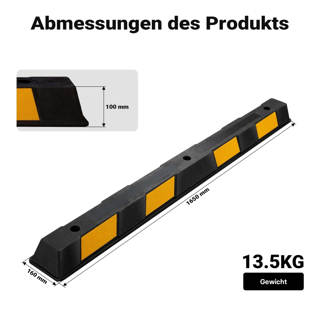 Delimitatore di parcheggio, battiruota in gomma 1650x160x100mm con fasce rifrangenti, Fermaruota