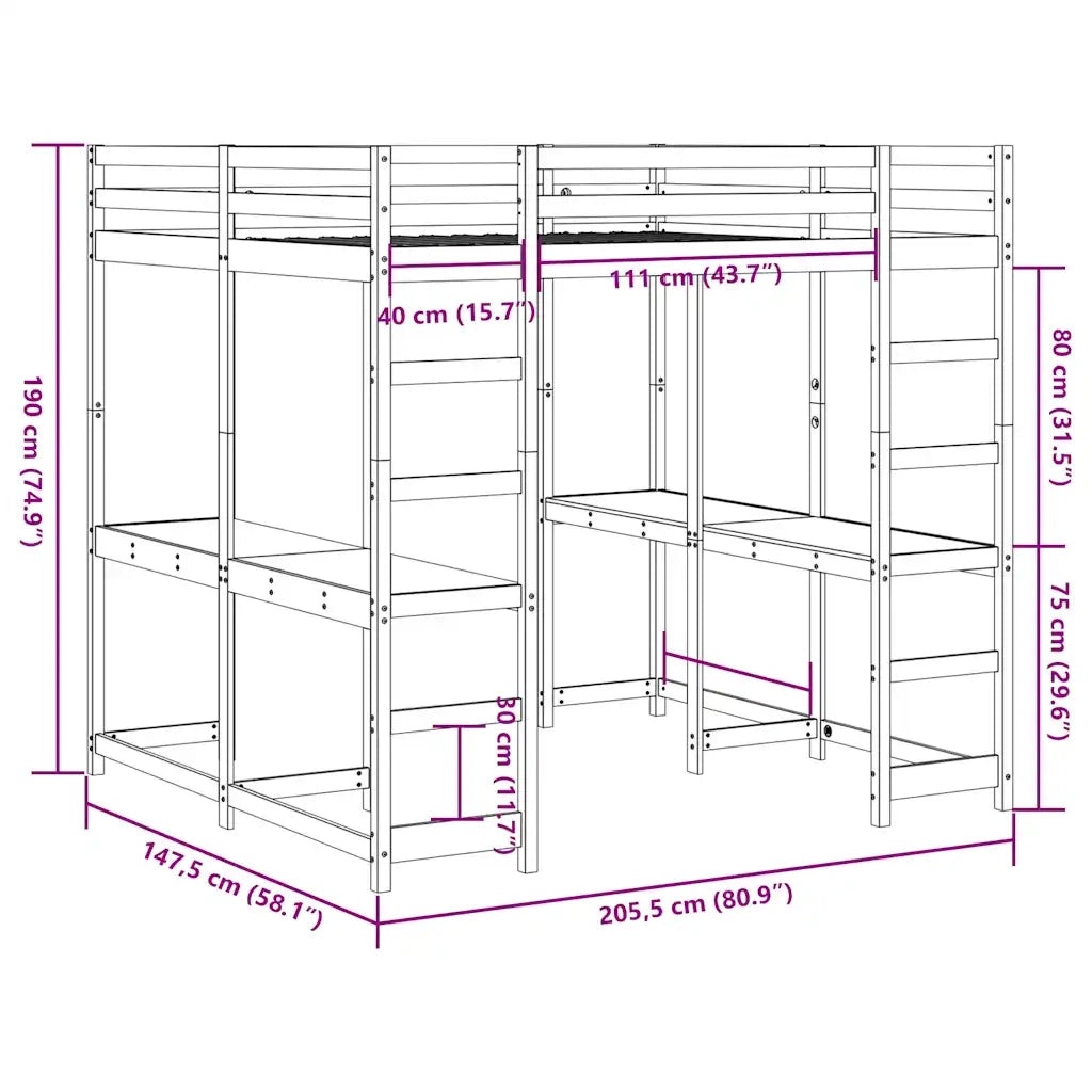 vidaXL Letto Soppalco con Scrivania e Scala 140x200 cm Massello Pino