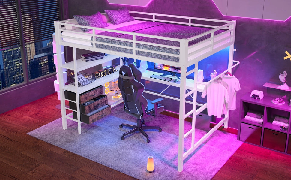DESMIU Letto a soppalco matrimoniale con scrivania, presa, USB, 3 cassetti e ripiani 140 × 200 cm senza materasso bianco