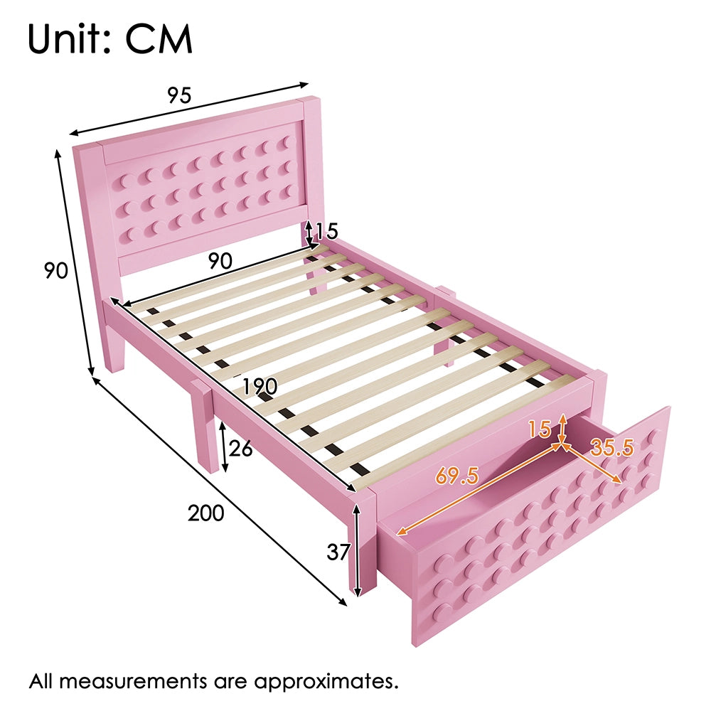 Letto bambino-Xylo-90x190 cm-design a blocchi, cassetti, contenitore, rosa, senza materasso