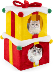 Set 2 Cuccia Cane Interno a 2 Piani, Tiragraffi per Gatto a Forma di Scatola di Natale in Tessuto e MDF, Lettino Gatto Interno per Inverno, Rosso e Giallo