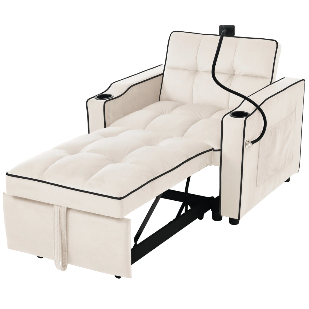 Poltrona letto singola estraibile 3 in 1 in velluto beige 83 x 167 x 76 cm
