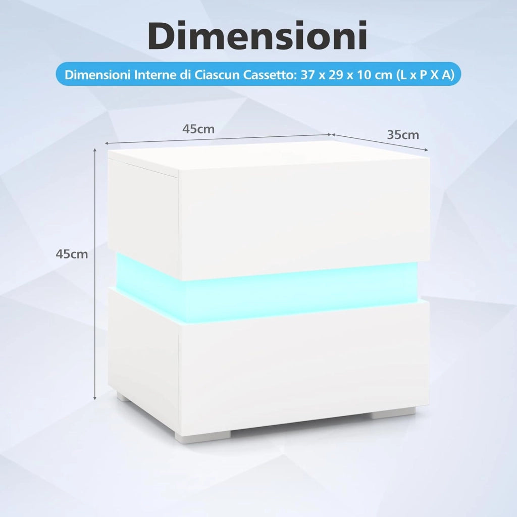 Tavolino a LED, Tavolino con Cassetto, Telecomando, 22 Modalità di Luce, 10 Velocità e 5 Luminosità, Comodino Moderno da Salotto e Camera da Letto (1, Bianco)