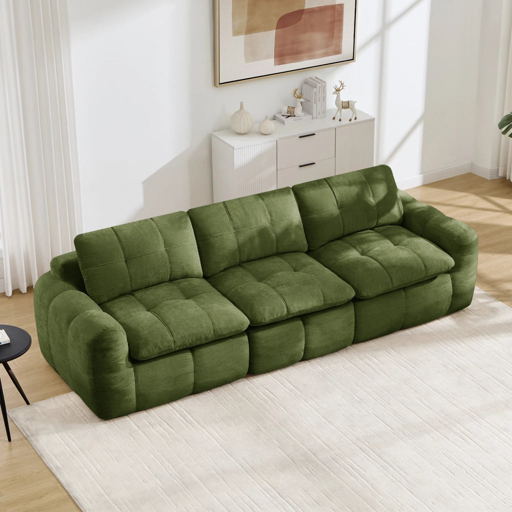 Divano modulare 3 posti - con seduta ergonomica e cuscini imbottiti - in chenille verde