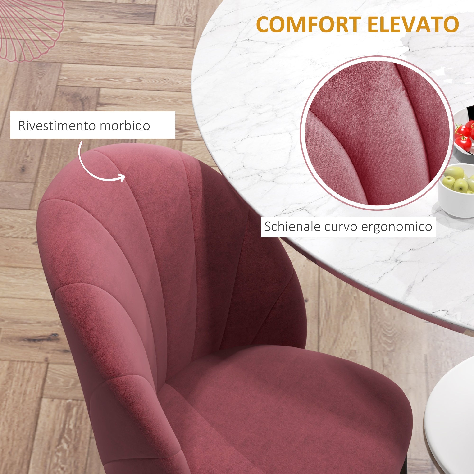 Set 2 Sedie da Pranzo in Velluto Imbottite 52x54x79 cm con Gambe in Metallo Rosso Antico