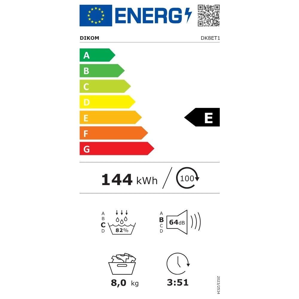 Asciugatrice Dikom DK8ET1 a carica frontale libera installazione 8 kg 15 programmi classe E