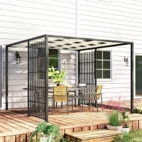 Pergola per Esterno 3x3 m con Copertura Ondulata e Pannelli Laterali, in Metallo e Poliestere Nero