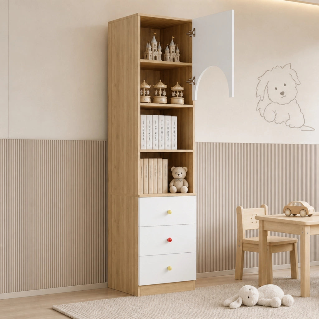 Libreria alta bianca e effetto legno con tre cassetti e tre ripiani in MDF
