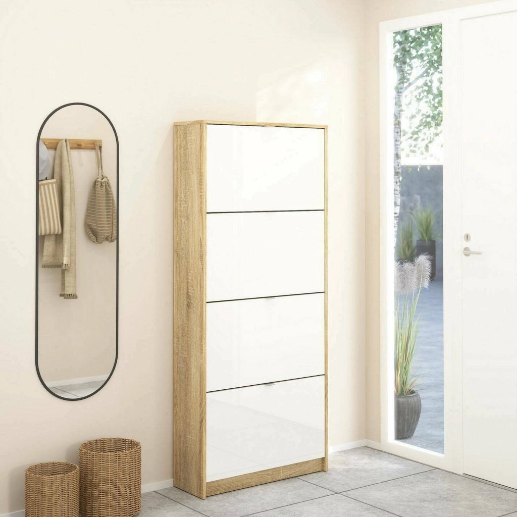 Scarpiera Epidoto, Mobile portascarpe, Armadio da ingresso multiuso, Mobiletto per calzature, 70x24 h162 cm, Quercia e Bianco lucido