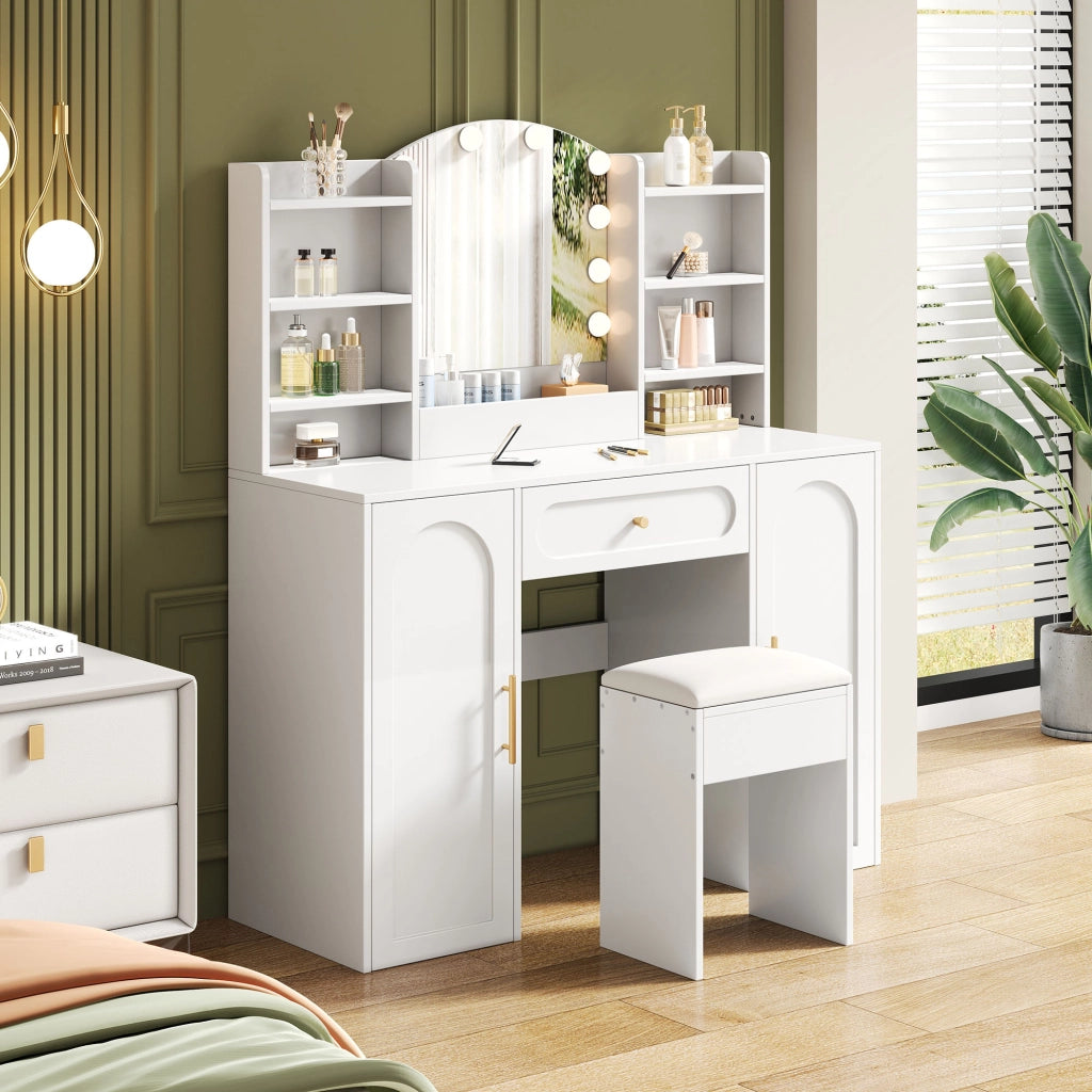 Scrivania Toeletta con Specchio LED, Cassetto e Ante ¨C MINIMAL ¨C Bianco, 110x40x132