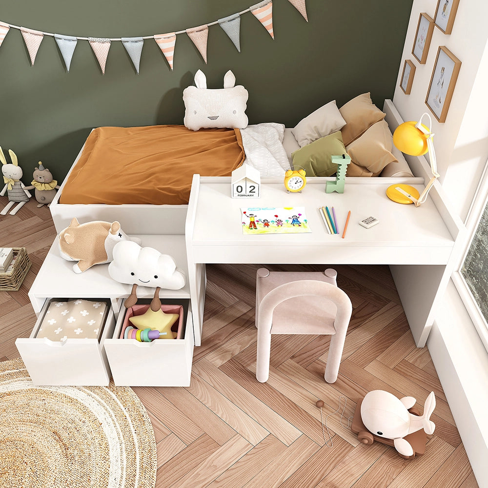 Letto singolo per bambini con scrivania e cassetti - Xylo - 90x200 cm - Bianco - Con rete a doghe