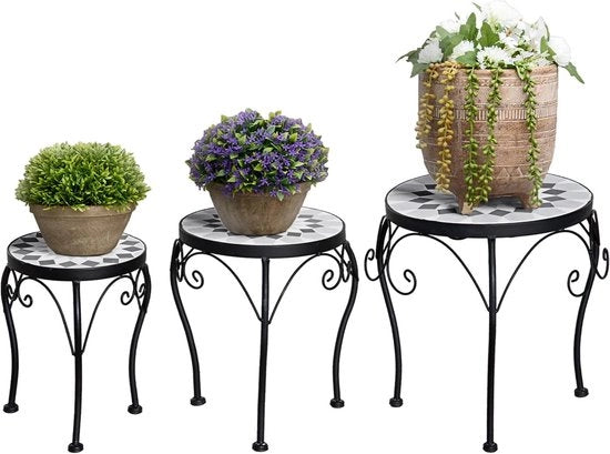 Set di supporti per piante da 3 - Sedia per piante e sostegno per vaso di piante - Piastrelle ceramiche e metallo - Nero + bianco.