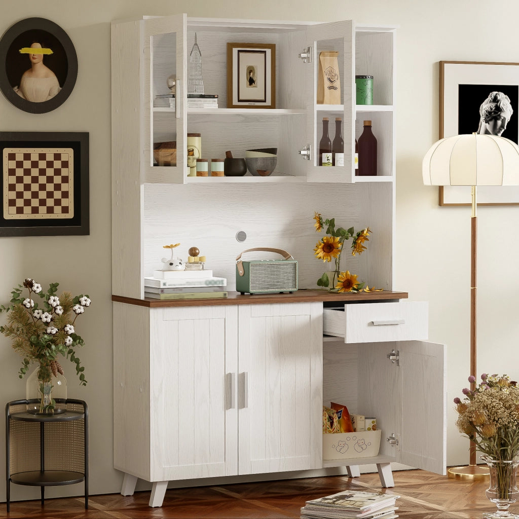 Credenza con 5 Ante 1 Cassetto 2 Vani Aperti e Ante in Vetro per Soggiorno in Pannello 114 x 40 x 190 cm Bianco e Marrone