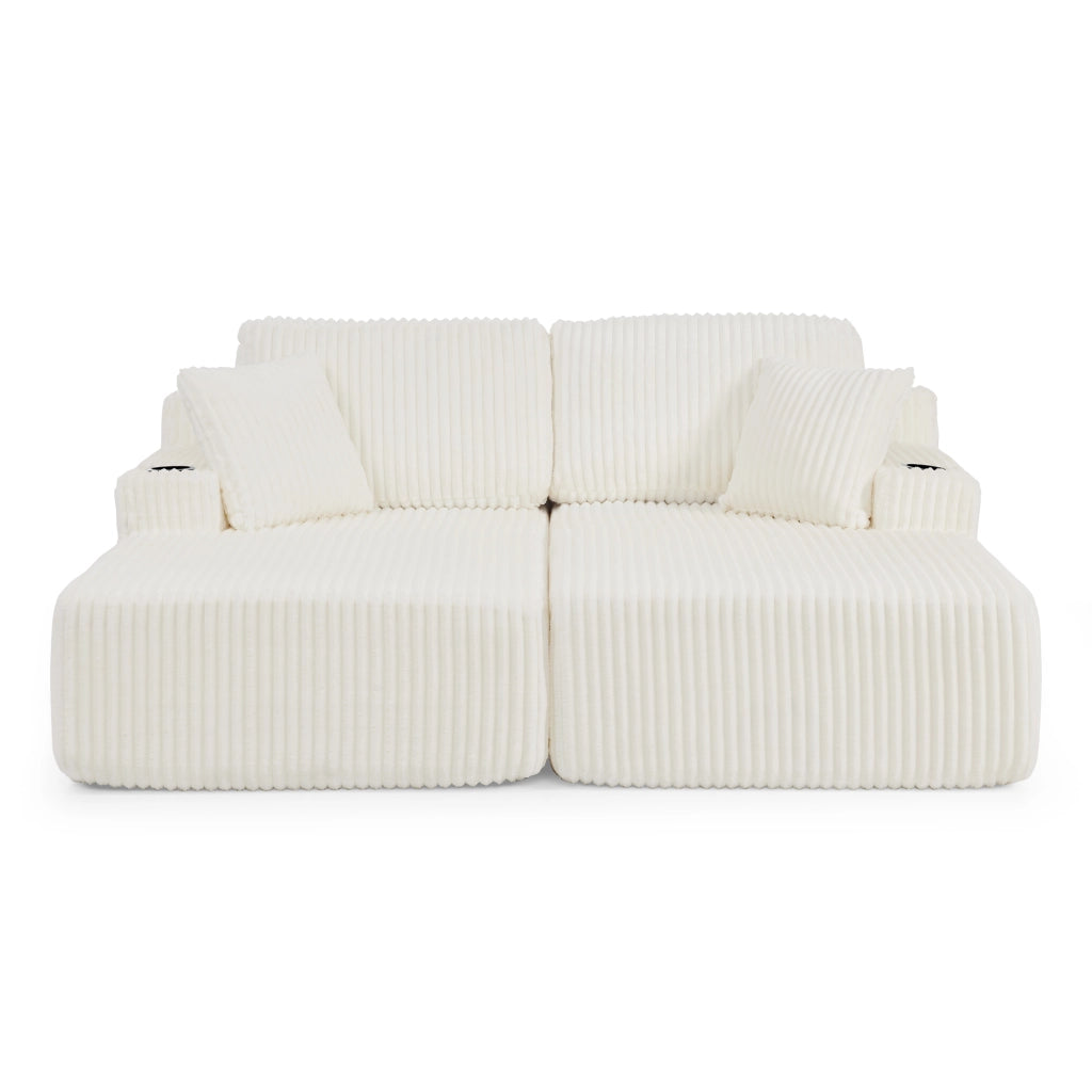 Divano Letto 2 Posti Relax ¨C Xylo ¨C Tessuto a Coste, Beige, con Cuscini e Poggiapiedi