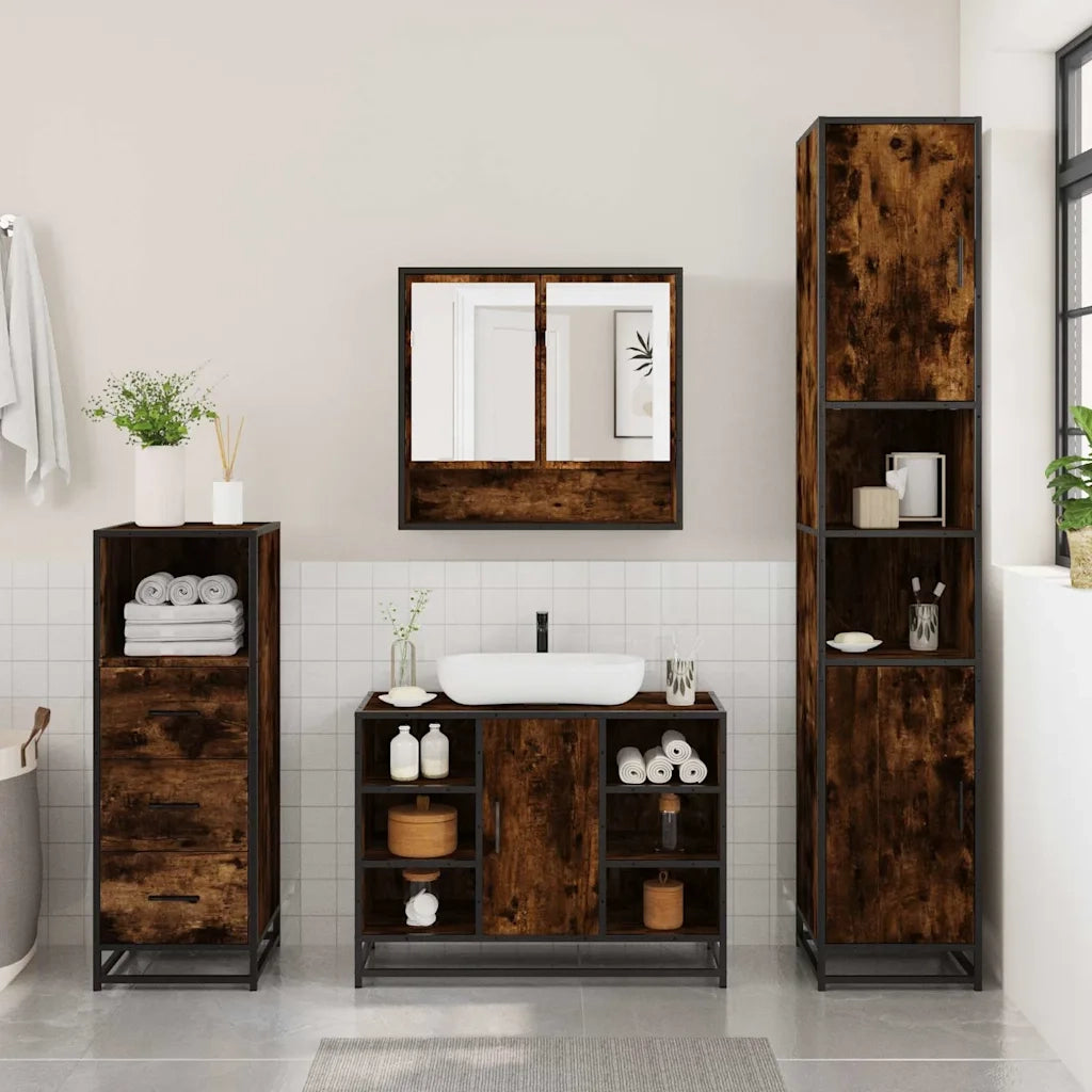 Set Mobili da Bagno 3 pz Rovere Fumo in Legno Multistrato 3301062