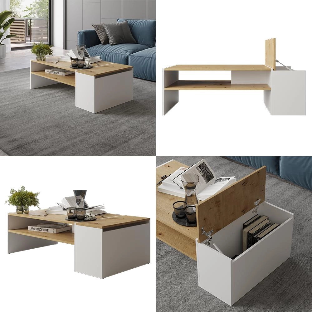 Tavolino da salotto Rubby, Rovere artigianale/bianco, 110 x 60 cm, con ripiano per la conservazione di riviste e accessori