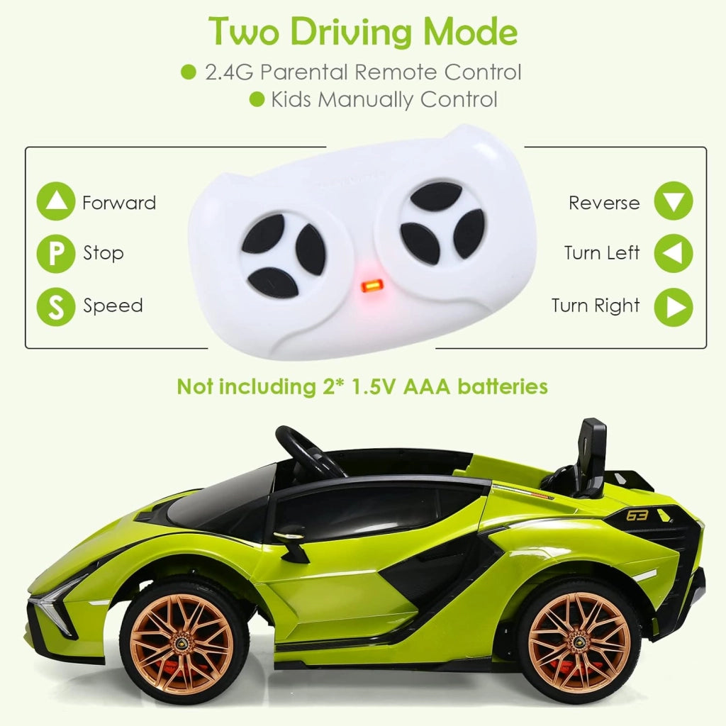 Macchina Elettrica per Bambini Lamborghini SIAN 12V con Telecomando, Auto Elettrico a Pedale e Luci LED, Veicoli con Musica, MP3, Clacson e Radio, Carico 25 kg, 3-8 Anni (Verde)